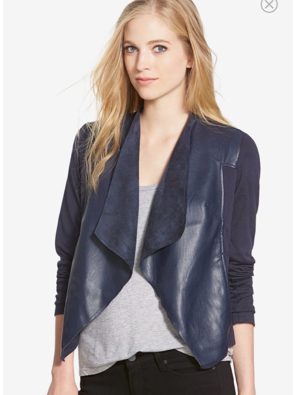 Kut from the Kloth Navy Draped Mixed-Media Blazer